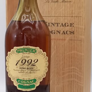 COGNAC FINS BOIS MILLESIME 1992 EN COFFRET BOIS MAISON PRUNIER